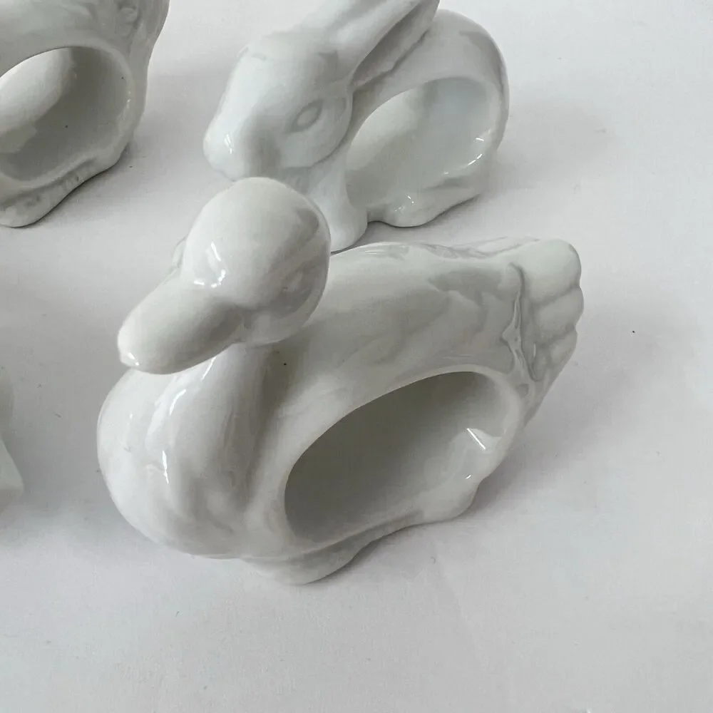 Vintage 1984 White Ceramic Farm Animal Napkin Rings Holders Set 4 Japan